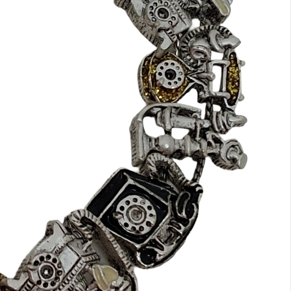 Vintage Silver Tone Telephone Charm Bracelet Retro Rotary Phone Kitsch Jewelry - Picture 4 of 6